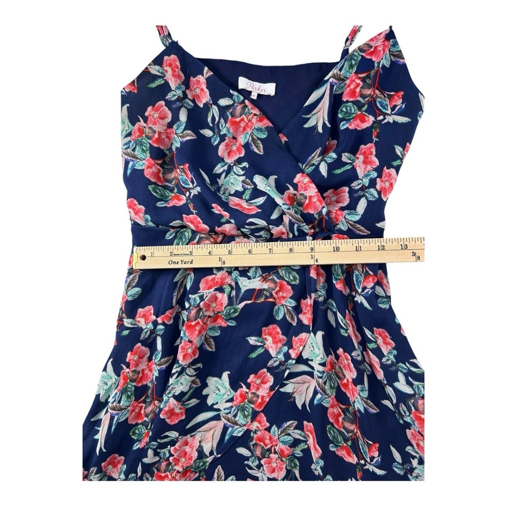 Parker Floral Navy Blue Sleeveless Dress size Medium Wrap Front Tie Waist Flowy - Picture 6 of 14